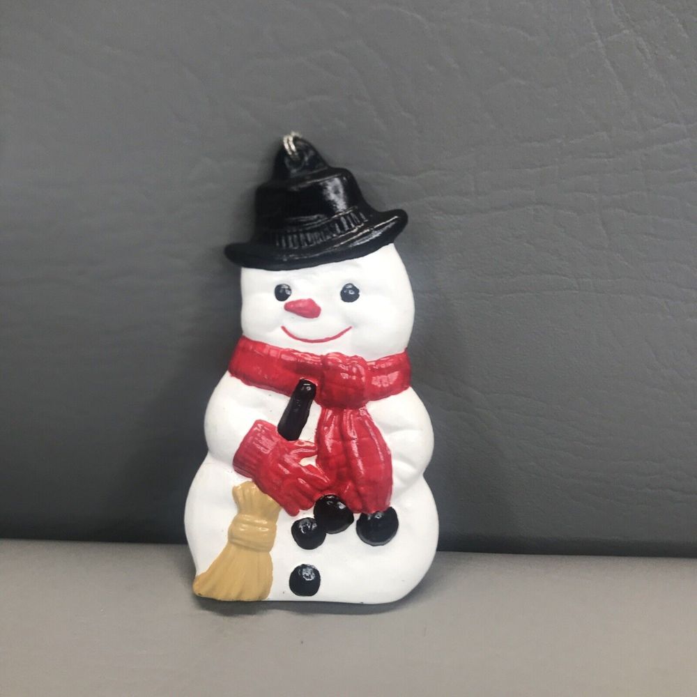 Vintage Hand Painted Ceramic Anthropomorphic Snowman Broom Christmas Ornament